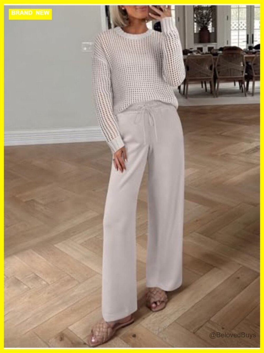 2pc Lounge Set Crochet Sheer Knit Top Wide Leg Pants Sweatsuit Travel Outfit - Picture 6 of 7